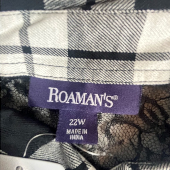 Roamans 22w Plaid Sheer Lace Black And White Long Sleeve Button Up NWOT - Picture 4 of 11